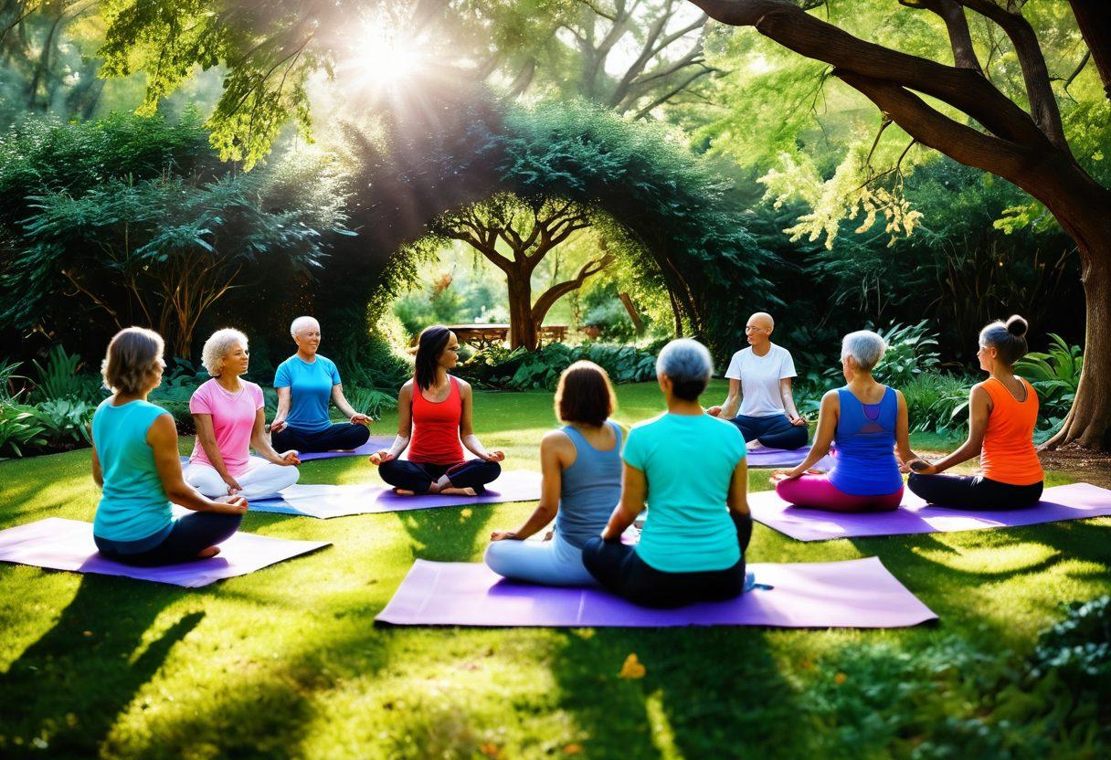 An inspiring scene depicting a diverse group of cancer survivors engaging in holistic health activities like yoga, meditation, and nutrition workshops. A vibrant garden setting symbolizes growth and healing, with warm sunlight filtering through lush trees. Include elements of support like a community circle, with heartwarming expressions of encouragement among participants. super-realistic. vibrant colors. serene atmosphere.