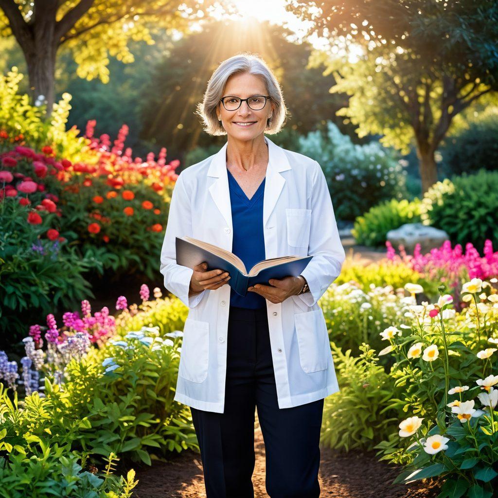 A resilient patient standing confidently at the crossroads of a vibrant, blooming garden symbolizing growth and opportunities. In one hand, they hold an educational book, while in the other, a magnifying glass representing early detection. The background showcases a bright sunrise illuminating the path ahead, symbolizing hope and empowerment. A soft breeze sways the flowers, adding a sense of tranquility and positivity. super-realistic. vibrant colors. warm tones.