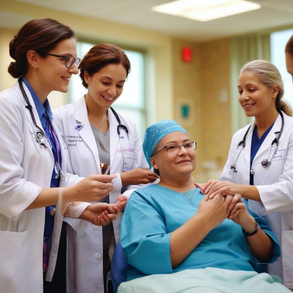 A warm and inviting scene depicting a diverse group of patients and healthcare advocates engaged in a lively discussion about cancer care. Include symbols of hope like ribbons and flowers, alongside modern medical technology and supportive gestures. The background showcases a bright hospital environment filled with natural light, reinforcing a sense of empowerment and community. soft focus. vibrant colors. super-realistic.